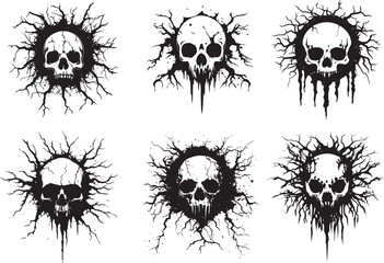 Creepy Skull with Splattered Ink Effect – Grunge Horror Emblem Vector. Ideal for Halloween designs, biker club logos, and dark fantasy posters.