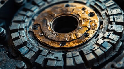 Fototapeta premium Close-up of a worn, metallic gear mechanism. Illustrates themes of industry, mechanics, and aging technology.