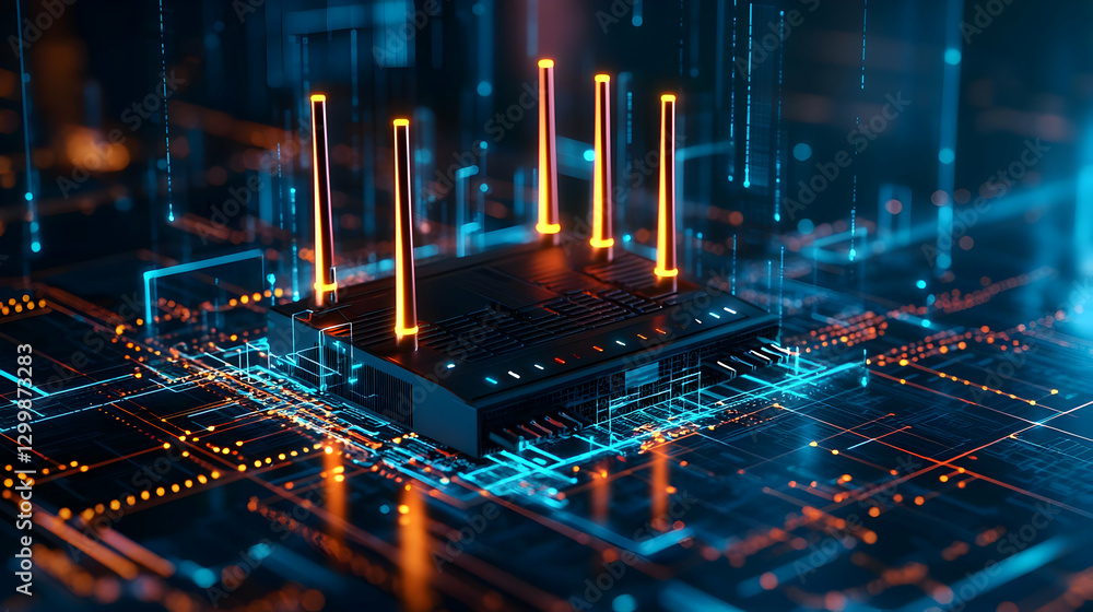Poster abstract circuit board with glowing lines and orange lights representing data processing