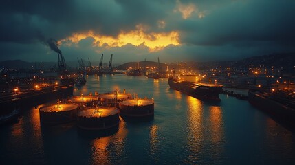 Fototapeta premium Nighttime Harbor with Illuminated Ships and Cranes