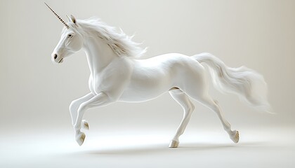 A white unicorn is running with its horn in the air