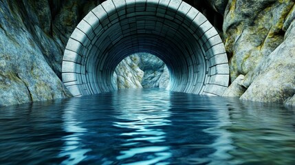 Naklejka premium Water Flowing Through Large Circular Tunnel Surrounded by Rocks