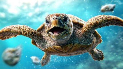 Obraz premium Playful Sea Turtle Swimming Gracefully Underwater in Clear Ocean