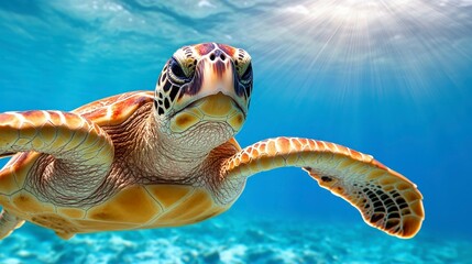 Obraz premium Majestic Sea Turtle Gliding Through Crystal Clear Ocean Waters