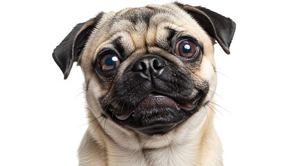 Obraz premium Cute Pug Dog Headshot Isolated on White Background Looking Curious