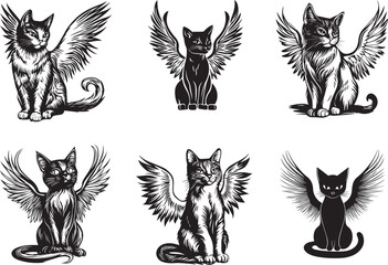 Mystical Winged Cat Vector – Fantasy Angel Cat Illustrations in Black and White. Great for tarot card designs, gothic apparel, and fantasy-inspired artwork.