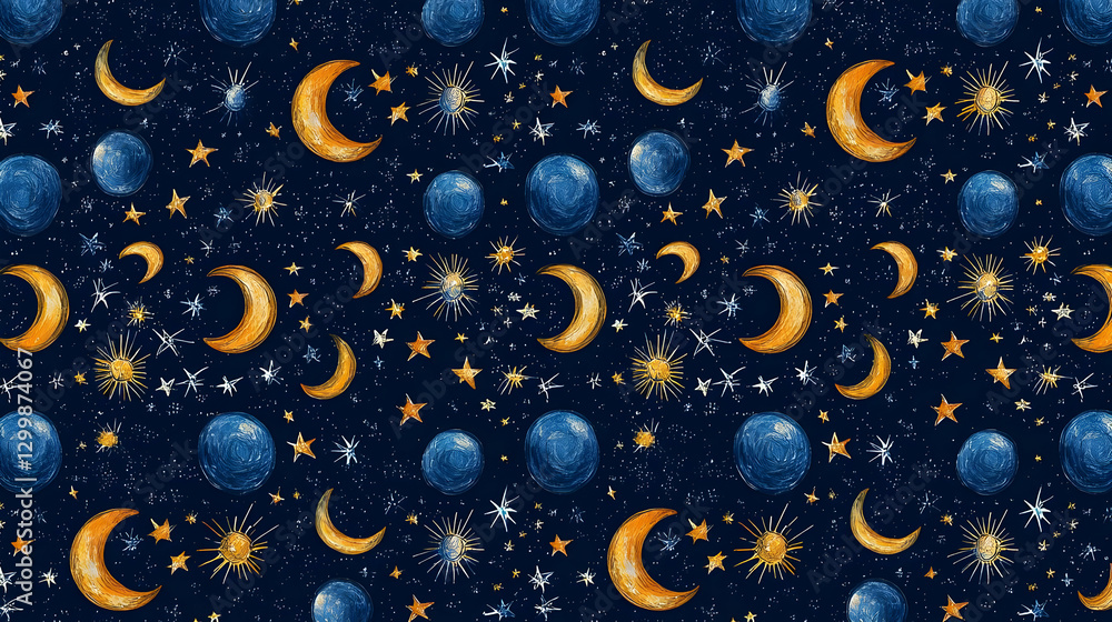 Poster repeating celestial pattern with moons and stars in blue and gold on dark background
