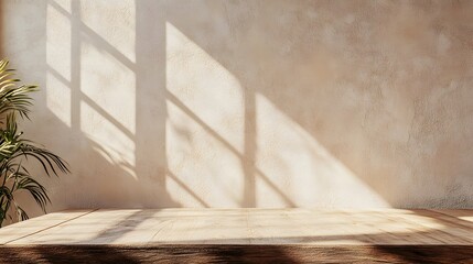 Wooden table mockup on stucco background with window shadow on the wall, beige earthy color tones,

