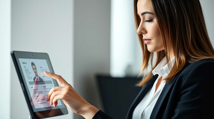 Human resource management technology (HR), Human resource manager touching human resource network structure and checks the CV online to choose the perfect employee for company, Effective