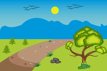 Obraz premium A scenic countryside landscape with a dirt road, lush greenery, and a bright sunny sky—ideal for backgrounds and prints.