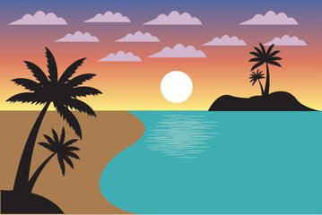 Tropical Sunset Over Serene With Silhouetted Palm Trees  