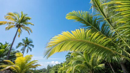 Fototapeta premium Lush tropical scene with palm trees against a clear blue sky.