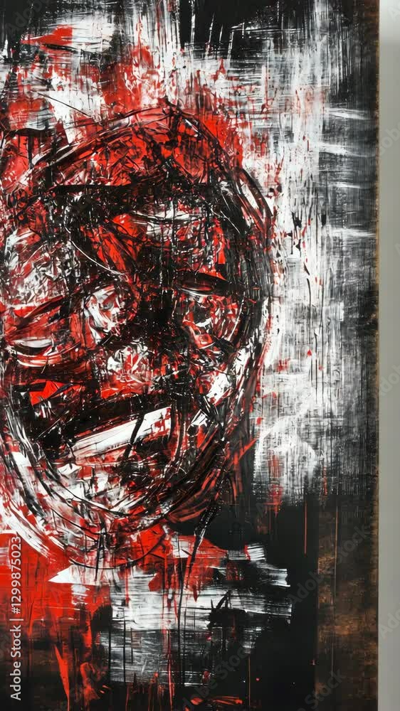 Poster abstract expressionist artwork featuring bold red and black brushstrokes on a textured canvas in a m