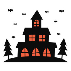Silhouette of Haunted House Halloween Isolated on White Background.