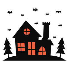 Silhouette of Haunted House Halloween Isolated on White Background.