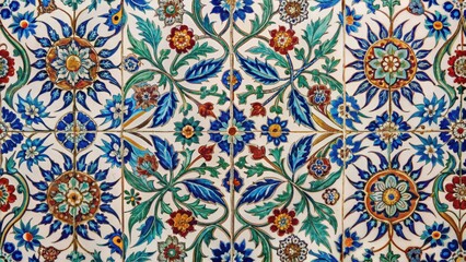 Intricate floral patterns on traditional Turkish ceramic tiles with golden accents and muted earthy tones, cultural heritage, floral motifs