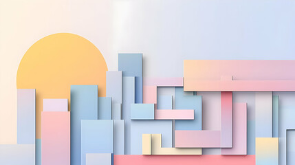 Abstract Geometric Cityscape Design With Pastel Colors And Sun In The Sky