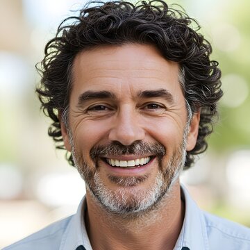 Un hombre alegre de mediana edad con cabello rizado y oscuro y una ligera barba, sonriendo calurosamente