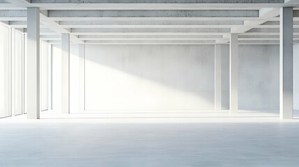 Obraz premium Minimalist Architectural Interior With Concrete Pillars And Overhead Beams in Bright White Space