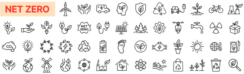 Net Zero & Eco Energy Outline Icon Bundle &ndash; Sustainable, Renewable, Carbon Neutral, Green Technology