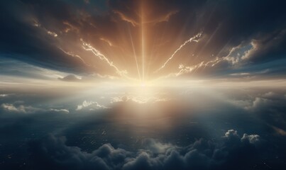 Fototapeta premium Radiant sunrise over landscape, shining through the clouds. Ideal for inspiring backgrounds