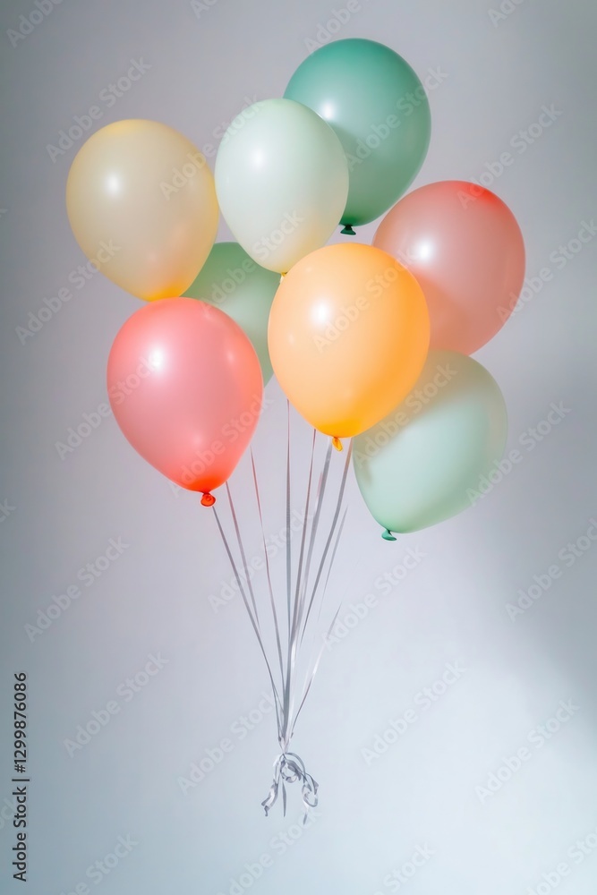 Poster collection of colorful balloons floating gently against blurred background creating serene atmospher