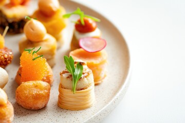 close-up view of assorted snacks and canapés arranged artfully on neutral-colored plate with ample copy space
