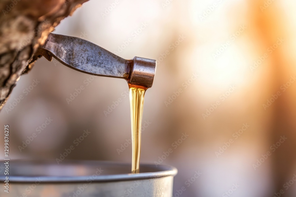 Poster detailed close-up of metal spile dripping maple sap into bucket soft focus highlighting textures of 