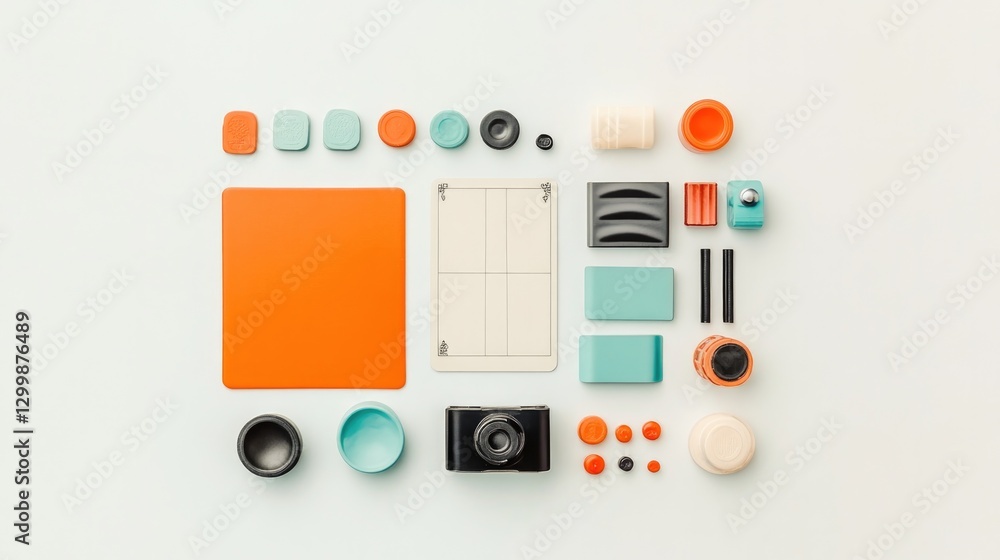 Poster flat lay of game components including cards tokens and small game board neatly arranged on bright wh