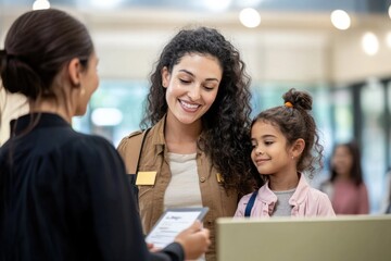 family registering at school open house event with friendly receptionist guiding them background slightly blurred for