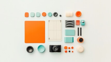 flat lay of game components including cards tokens and small game board neatly arranged on bright white surface