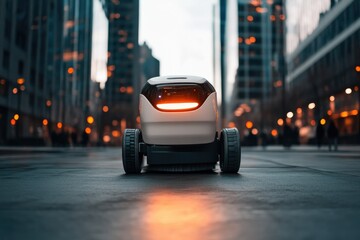 Fototapeta premium futuristic street-cleaning robot in action on high-tech city street surrounded by sleek architecture and wide copy
