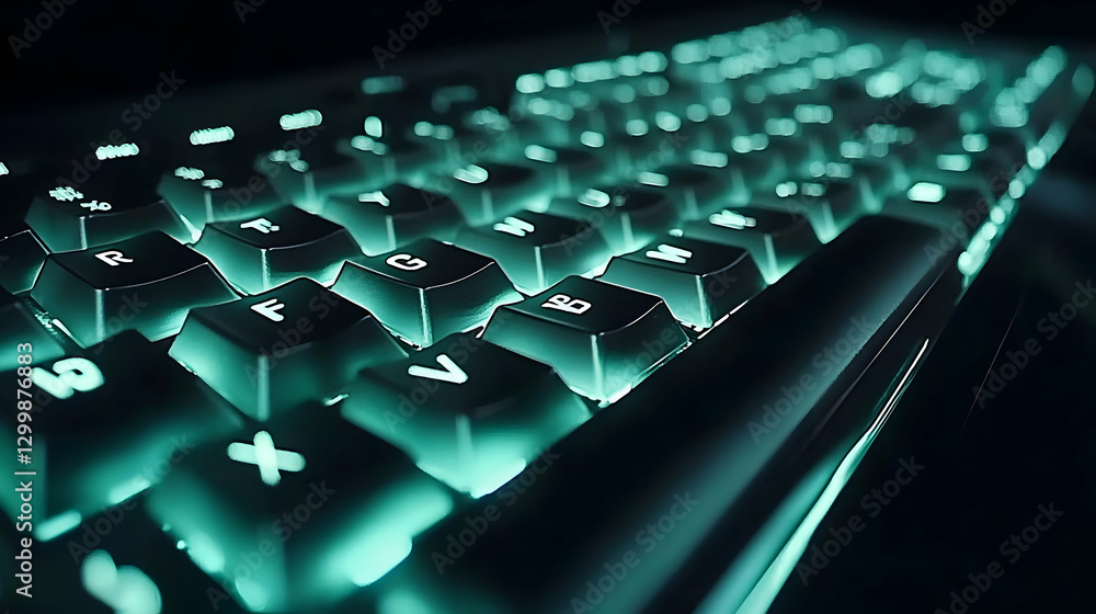 Poster close up of illuminated keyboard with teal backlit keys and dark background