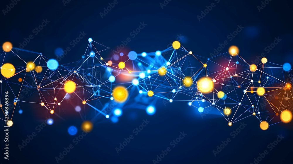 Aufkleber abstract network connection with blue and yellow nodes and lines on dark blue background