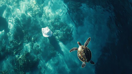 Naklejka premium Sea Turtle in Turquoise Waters: A Serene Yet Urgent Underwater Scene