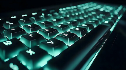 Obraz premium Close Up Of Illuminated Keyboard with Teal Backlit Keys and Dark Background
