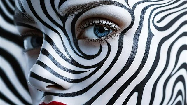 zebra face close up, woman's face, illusion art	