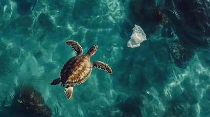 Naklejka premium Sea Turtle in Teal Waters: A Serene Yet Urgent Ocean Scene