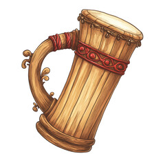 A hand-drawn illustration of a carved wooden percussion instrument with a curved handle and a decorative red cord, designed with artistic precision, positioned centrally with proper margins, transpare