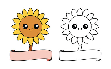 Cute kawaii sunflower coloring page with blank banner