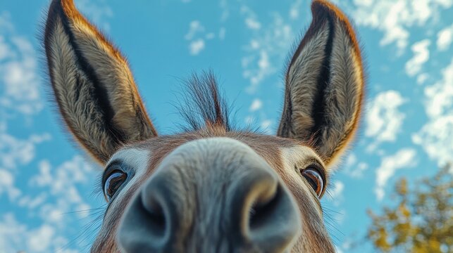 Close-up of a donkey's face against a bright blue sky. Perfect for illustrating themes of nature, animals, or a playful, curious spirit.