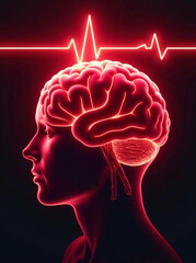 Obraz premium Red human brain with a heartbeat line above it. Conceptual illustration of brain health and mental well-being. new falce image