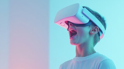 person wearing vr headset in minimalistic room visibly thrilled illustrating virtual reality engagement scene is bright