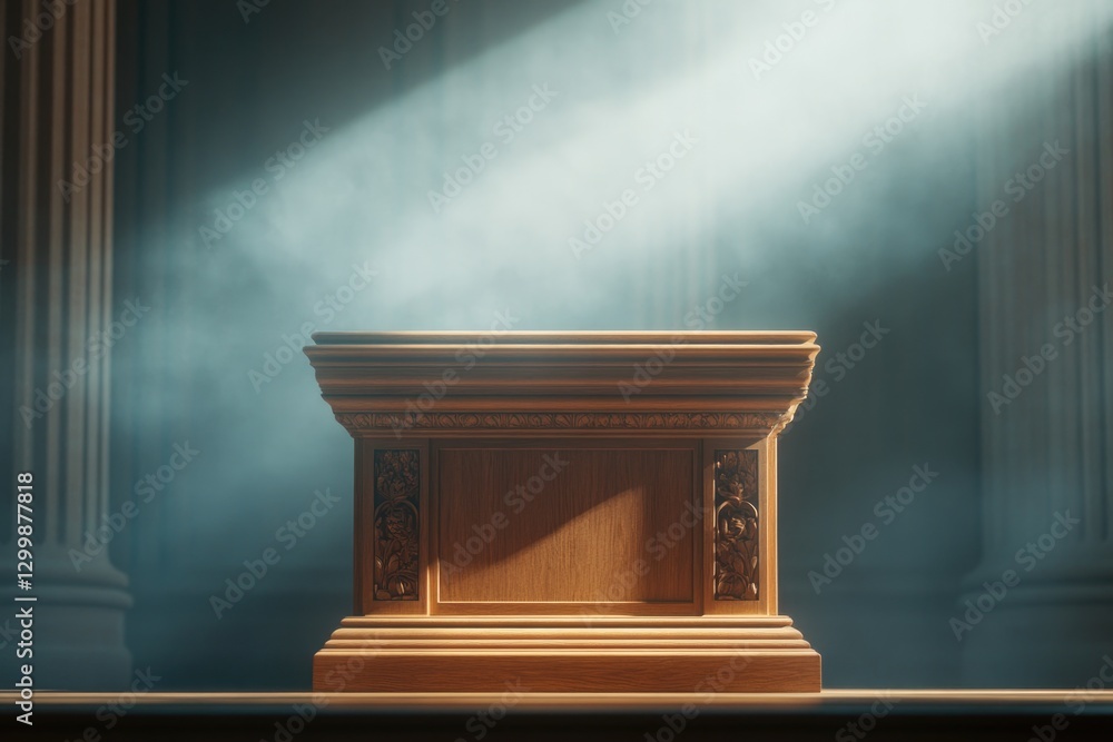 Poster podium with rich wooden textures and detailed carvings softly illuminated in studio setting with amp