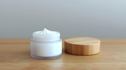 White Cream Jar Next To A Wooden Lid On A Brown Wooden Table With Gray Background in Studio Shot
