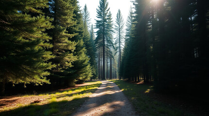 Obraz premium Path Through Majestic Pine Woodland: Towering Evergreens and the Scent of Pine Needles in a Serene Backdrop 
