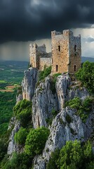 An ancient stone castle sits atop a rocky cliff in Europe