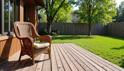Obraz premium Serene wicker chair on sunny deck overlooking grassy yard, relaxation