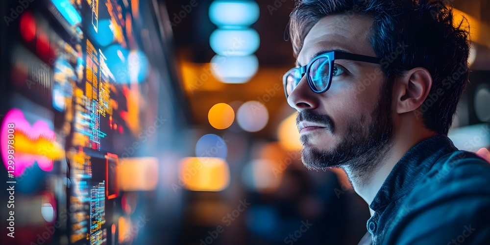 Poster focused programmer analyzing data streams on a large screen at night