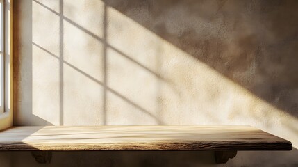 Wooden table mockup on stucco background with window shadow on the wall, beige earthy color tones,


